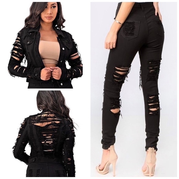 Black Denim Distressed Jeans - Picture 3 of 5